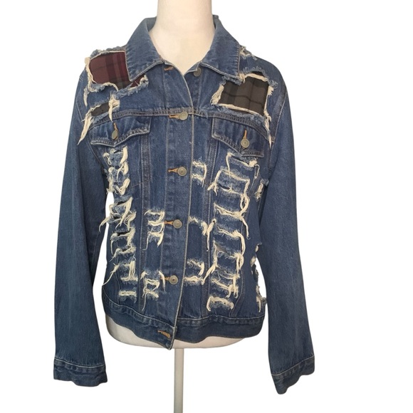 Furst of a Kind Deeply Distressed Destroyed Plaid Underlay OS/Large Denim Jacket - Picture 1 of 11